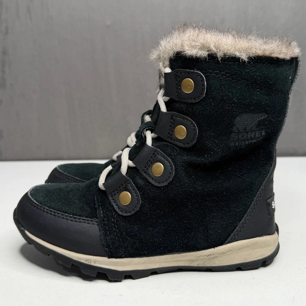 Sorel Whitney II Snow Boots Girls Size 12 Black Waterproof Suede Faux Fur Trim